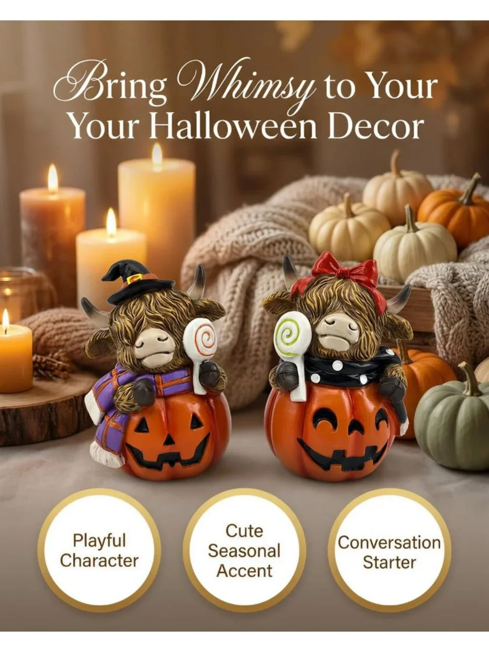 Highland Cow Jack Lantern Orange Brown Figurine Halloween Resin Farmhouse Décor